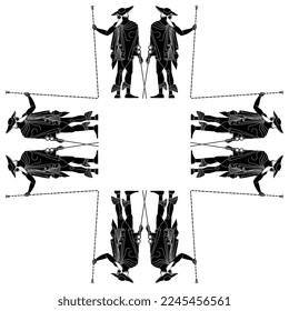 Rectangular ethnic frame with ancient Greek god Hermes or Mercury. Black and white silhouette.