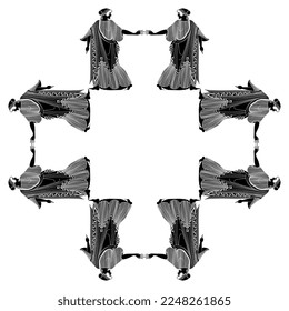 Marco étnico rectangular con mujeres griegas antiguas. Estilo de pintura de malla. Silueta blanca y negra. Ilustración vectorial aislada.