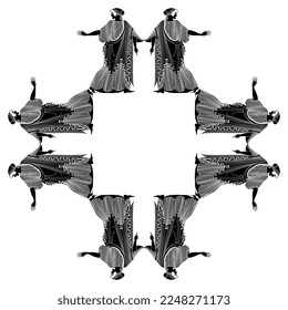 Rectangular ethnic frame with ancient Greek women. Vase painting style. Black and white silhouette. Isolated vector illustration.