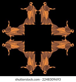 Rectangular ethnic frame with ancient Greek women. Vase painting style. On black background.
