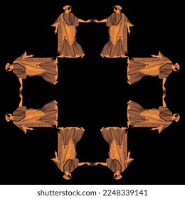 Rectangular ethnic frame with ancient Greek women. Vase painting style. On black background.