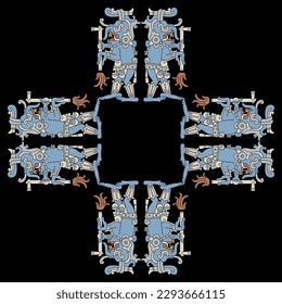 Rechteckiger ethnischer Rahmen mit antiken Maya-Monstergöttern, die Fackeln halten. Regen Sie Gott Chaak. Codex-Design. Auf schwarzem Hintergrund.