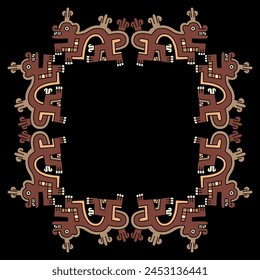 Rectangular ethnic frame or border with fantastic animals. Native American art of ancient Peru. Wari Andean culture. Ethnic indigenous design.