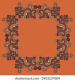 Rectangular ethnic frame or border with fantastic animals. Native American art of ancient Peru. Wari Andean culture. Ethnic indigenous design.