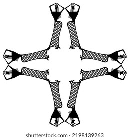 Rectangular ethnic frame or cross design with dancing women. Archaic Minoan ancient Greek design. Black and white silhouette.