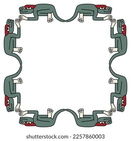 Rectangular ethnic frame with fantastic animals. Native American art of Aztec Indians from Mexican codex. Isolated vector illustration.