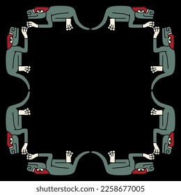 Rectangular ethnic frame with fantastic animals. Native American art of Aztec Indians from Mexican codex. On black background.