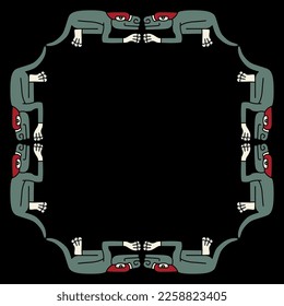 Rectangular ethnic frame with fantastic animals. Native American art of Aztec Indians from Mexican codex. On black background.