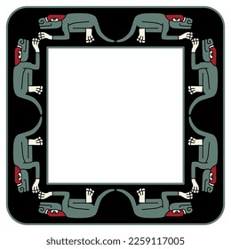 Rectangular ethnic frame with fantastic animals. Native American art of Aztec Indians from Mexican codex. On black background.