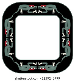 Rectangular ethnic frame with fantastic animals. Native American art of Aztec Indians from Mexican codex. On black background.