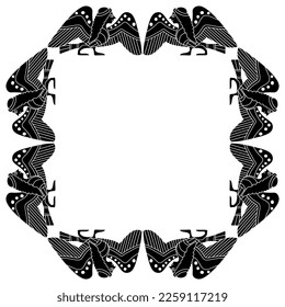 Rectangular ethnic frame with funny ancient Greek Siren or Harpy. Half bird half woman. Fantastic mythological animal. Vase painting style. Black and white silhouette.