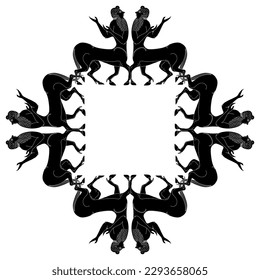 Rectangular ethnic frame or geometrical ornament with centaurs. Half men half horses. Ancient Greek vase painting style. Black and white silhouette.