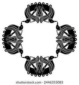 Rectangular ethnic frame with Near Eastern goddess Astarte and birds. Black and white silhouette.