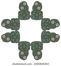 Rectangular ethnic frame or square ornament with Māori figurines. Hei-tiki pendant from New Zealand. Isolated vector illustration.