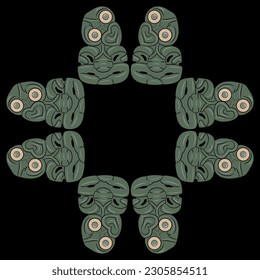 Rectangular ethnic frame or square ornament with Māori figurines. Hei-tiki pendant from New Zealand. On black background.