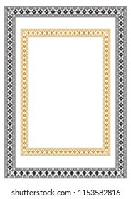 Rectangular ethnic geometric frames. Black and white, yellow colors. On A3, A4 pages.
