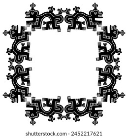 Rectangular ethnic indigenous frame with fantastic animals. Native American art of ancient Peru. Wari Andean culture. Black and white silhouette.