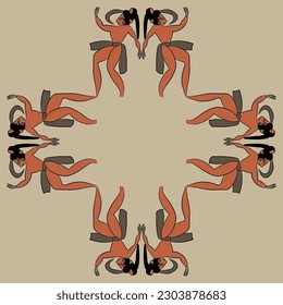 Rectangular ethnic ornament or cross shape frame with dancing ancient Mayan men. Indigenous native American art.