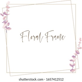 Rectangular eucalyptus frame. Hand drawn flowers card design with purple leaves, branches. Greeting or wedding template. 
