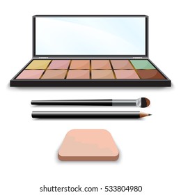 Rectangular eyeshadow palette with mirror, sponge, cosmetic pencil and brush. Face powder. Beauty and cosmetics design.  Vector illustration isolated on white background.