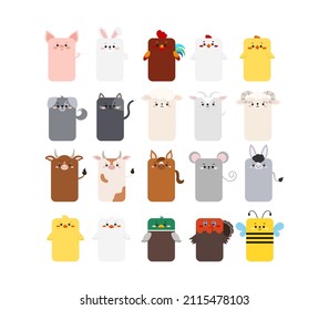 Rectangular Farm Animal Faces Icon Set Isolated On White Background. Cute Cartoon Elongated Square Shape Kawaii Avatar Kids Character. Vector Flat Clip Art Illustration For Mobile Ui Game Application.