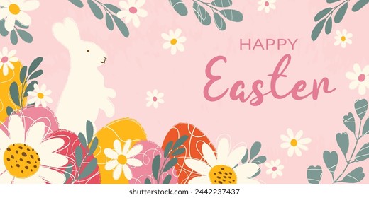 Rectangular festive background decorated hand drawn blooming flowers, green leaves white bunny and multicolored eggs for Happy Easter. Flat vector grunge textured illustration on pink backdrop