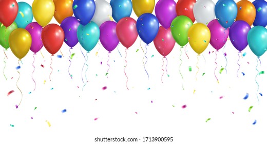 Rectangular festive background. Multicolored realistic balloons and falling confetti. Vector EPS 10