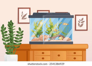 Rectangular fish tank on a wooden cabinet with plants and fish, symbolizing a modern indoor aquarium setup. Ideal for home decor, interior design, and relaxation visuals. Vector illustration.