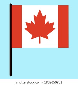 Rectangular flag of Canada. State standard on a stick. Country sign. Red maple leaf on white. Isolated icon, original banner.