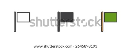 Rectangular flag icon in three styles: outline, solid, and colorful filled outline. Vector flag icon for marking or signaling. Colorful symbol set.