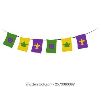 Rectangular flags on a rope for Mardi Gras masquerade, holiday symbol in traditional colors for the entourage and design of a holiday poster vector illustration or flyer