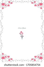 A rectangular floral border frame template with ornamental corners and a bouquet of wildflowers in the middle . A garland made of pink tangled flowers. An isolated vector illustration