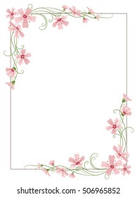 Rectangular floral border frame template with decorated corners. Gypsophila pink purple flowers tangled garland elements. Vector design illustration.