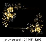 Rectangular floral composition of artistically drawn, black and gold, jewelry orchids with gold and black sprigs of pistachio and eucalyptus on black background. Golden jewelry Orchid.