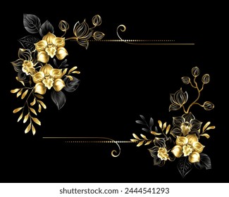 Rectangular floral composition of artistically drawn, black and gold, jewelry orchids with gold and black sprigs of pistachio and eucalyptus on black background. Golden jewelry Orchid.