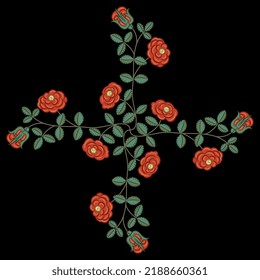 Rectangular floral cross design with blooming rosebud branches. Square bouquet of red roses and green leaves. Geometrical flower mandala. On black background.