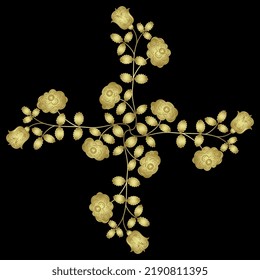 Rectangular floral cross design with blooming rosebud branches. Square bouquet of roses and leaves. Geometrical flower mandala. Golden glossy silhouette on black background.