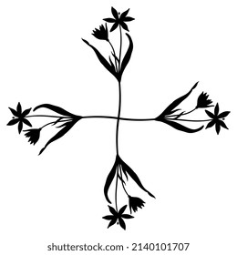 Rectangular Floral Cross Design With Four Blooming Branches Of Star Of Bethlehem Flower. Gagea Lutea. Spring Wildflower. Black Silhouette On White Background.