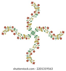 Rectangular floral cross design with four blooming branches. Folk style. Illuminated manuscript motif. On white background.