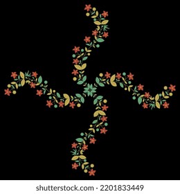 Rectangular floral cross design with four blooming branches. Folk style. Illuminated manuscript motif. On black background.