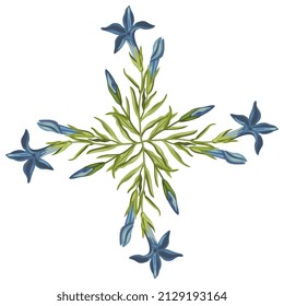 Rectangular floral design or frame. Cross with four blooming branches of Gentiana ciliata. Fringed gentian. Gentianopsis crinita. Greater fringed gentian. Blue gentian.