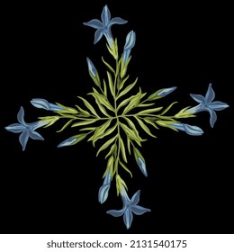 Rectangular floral design or frame. Cross with four blooming branches of Gentiana ciliata. Fringed gentian. Gentianopsis crinita. Greater fringed gentian. Blue gentian. On black background.