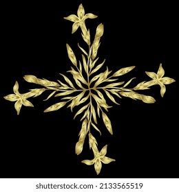 Rectangular floral design or frame. Cross with four blooming branches of Gentiana ciliata. Fringed gentian. Gentianopsis crinita. Greater fringed gentian. Blue gentian. Golden silhouette on black.