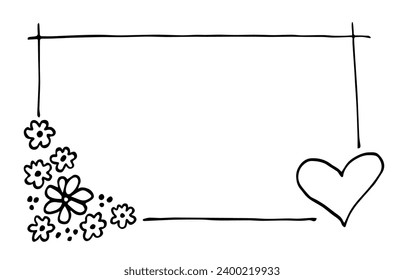 Rectangular floral frame with heart. Celebrating Valentine's Day, love. Small flowers, lines. Simple vector drawing with black outline. Sketch in ink.