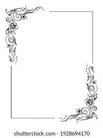 Marco floral rectangular, plantilla de borde rosa con floración en dos esquinas. Elementos de guirnaldas de época dibujados a mano. Diseño vectorial totalmente editable sobre fondo blanco para impresiones