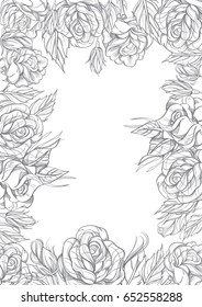 Rectangular floral frame with roses. Black and white outline vector illustration.