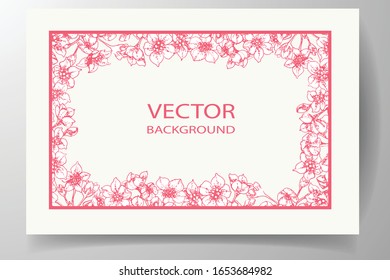 Rectangular floral frame of sakura flowers, in the form of a contour of light pink color on a white background. Registration of invitations, congratulations, cards.
