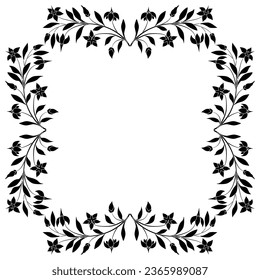 Rectangular floral frame. Square botanical border with blooming branches of nightshade plant. Black and white silhouette.