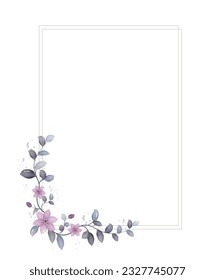 Rectangular floral frame with violet purple watercolor flowers and green leaves, template, vector illustration.