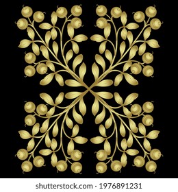 Rectangular floral ornament with blooming branches with leaves and berries. Folk style. Golden glossy silhouette on black background.